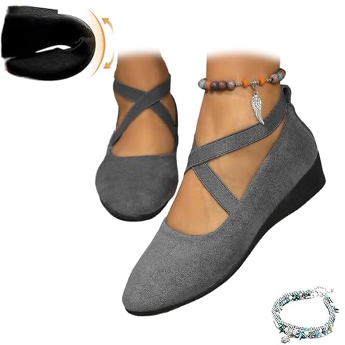 Lockenstab Damenschuhe Mit Überkreuzten Riemen Und Keilabsatz, Ballerinas Mit Runder Zehenpartie Und Keilabsatz, Elegante, Bequeme Slip-On-Schuhe Aus Wildleder for Damen(Grey,6 UK Wide) von Lockenstab