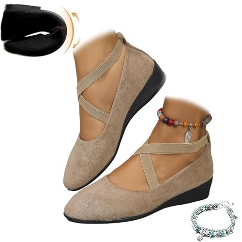 Lockenstab Damenschuhe Mit Überkreuzten Riemen Und Keilabsatz, Ballerinas Mit Runder Zehenpartie Und Keilabsatz, Elegante, Bequeme Slip-On-Schuhe Aus Wildleder for Damen(Khaki,5 UK Wide) von Lockenstab