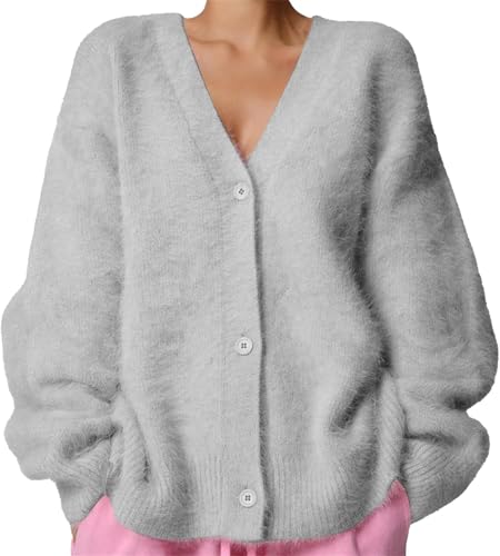 Lockenstab Luxuriöser Kaschmir-Cardigan Für Damen, Flauschiger Strickjacke, Plüsch, V-Ausschnitt, Offene Vorderseite, Knopf, Pullover-Jacken(Hellgrau,XL) von Lockenstab