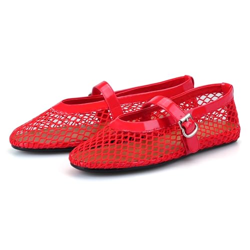 Lockenstab Mesh-Ballerinas for Damen, Netz-Ballerinas, Schnallenriemen, Mesh-Ballettschuhe, Breite Breite, Lässige Sommerkleid-Flachschuhe(Red,7 UK) von Lockenstab