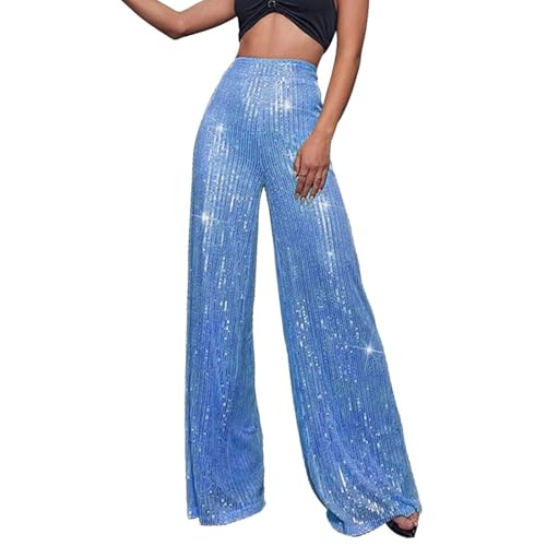 Pailletten Hose Damen Gold-Glitzer Hose Lang Metallic Hose Lang High Waist Baggy Jogginghose Weites Bein Sommerhose Locker Weite Hose Große Größen Paillettenhose Metallic Hosen Büro Pants(Bu2,M) von Lockenstab