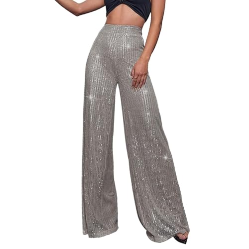 Pailletten Hose Damen Gold-Glitzer Hose Lang Metallic Hose Lang High Waist Baggy Jogginghose Weites Bein Sommerhose Locker Weite Hose Große Größen Paillettenhose Metallic Hosen Büro Pants(Grau,S) von Lockenstab