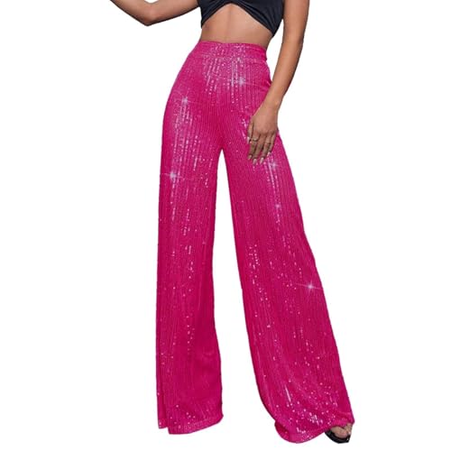 Pailletten Hose Damen Gold-Glitzer Hose Lang Metallic Hose Lang High Waist Baggy Jogginghose Weites Bein Sommerhose Locker Weite Hose Große Größen Paillettenhose Metallic Hosen Büro Pants(Heißes Rosa, von Lockenstab
