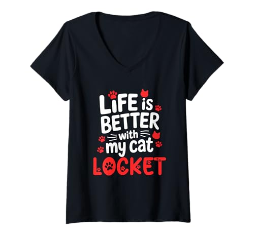Damen Katzennamen-Medaillon Life is Better with My Cat Medaillon T-Shirt mit V-Ausschnitt von Locket Cat Name GIfts