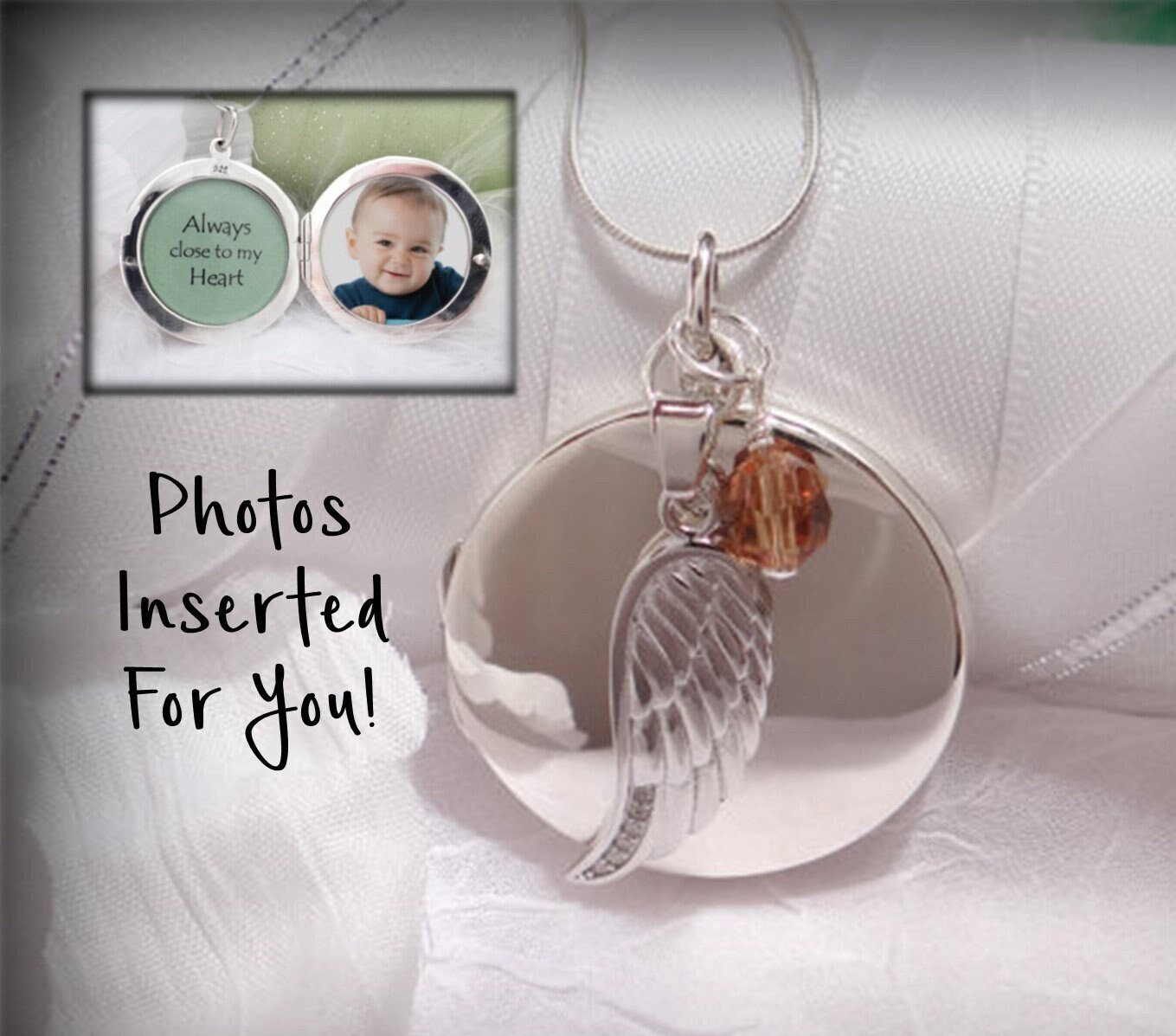 Medaillon Aus 925Er Silber Mit Engelsflügel-Charm Und Geburtsstein - Für 2 Fotos Medaillon Aus 925Er Silber Mit Engelsflügel-Charm Und Geburtsstein - Für 2 Fotos von LocketInYourHeart