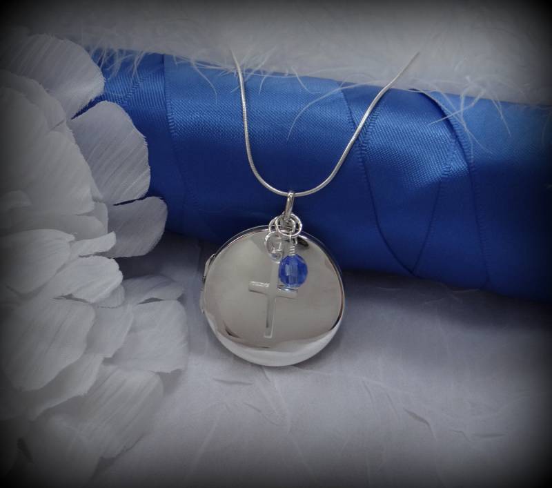 sterling Silber Kreuz Medaillon Mit Kristall Geburtsstein - Für 2 Fotos von LocketInYourHeart