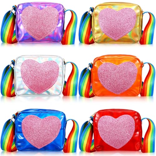 Locmeo 6 Stück Kleinkind Crossbody Taschen Kinder Mädchen Geldbörse Pailletten Mädchen Handtasche Kleinkind Geldbörsen Kinder Herz Tasche Prinzessin Handtaschen mit Regenbogen Schultergurt für Kinder von Locmeo