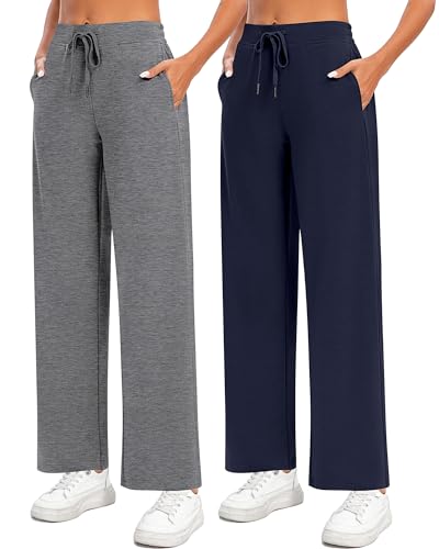 Locoowai Damen-Jogginghose mit weitem Bein, Kordelzug, Taille, lockere Yogahose mit Taschen, 2 Stück, Marineblau, Dunkelgrau, XXL von Locoowai