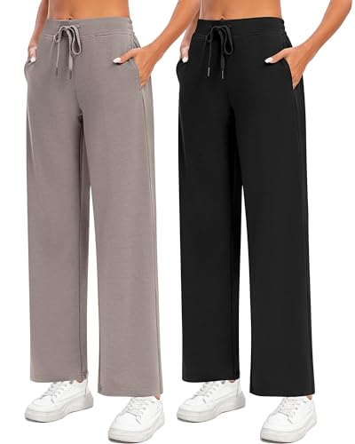 Locoowai Damen-Jogginghose mit weitem Bein, Kordelzug, Taille, lockere Yogahose mit Taschen, 2 Stück, Schwarz, Braun, M von Locoowai