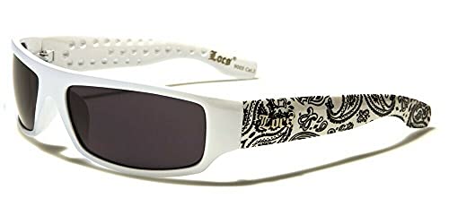 Locs Paisley Bandana Print Slim Rectangular Retro Wrap Around Sunglasses (White & White Bandana Frame, Black Lenses) von Locs