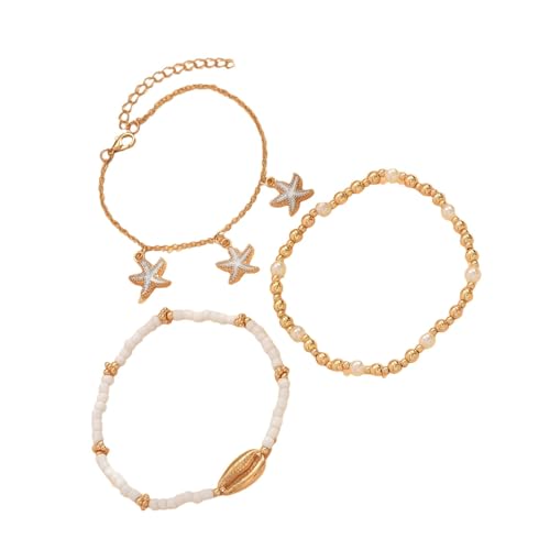 Lodoot Modisches Strand-Fußschmuck-Set, 3 Stile, Muschel-Fußkettchen mit Seestern und Glasperlen, Akzent-Muscheln, Einheitsgröße, Wie beschrieben von Lodoot