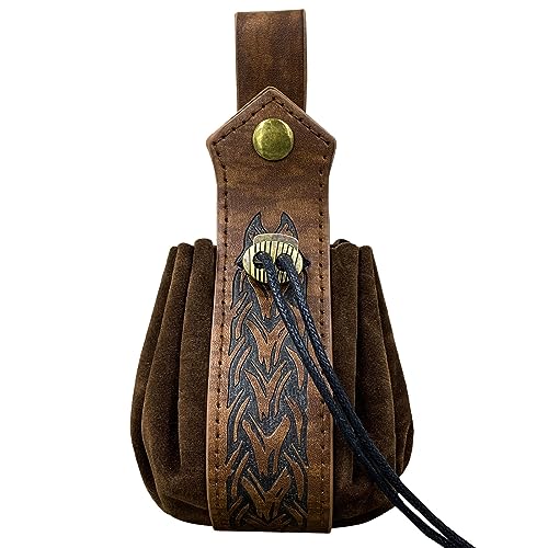 Vintage tragbare Gürteltasche Mittelalter Kordelzug Tasche Cosplay Würfel Leder Münzgeldbörse Hüfttasche Leder Gürteltasche Geldbörse Leicht und für den täglichen Gebrauch, Braunes Knochenmuster von Lodoot