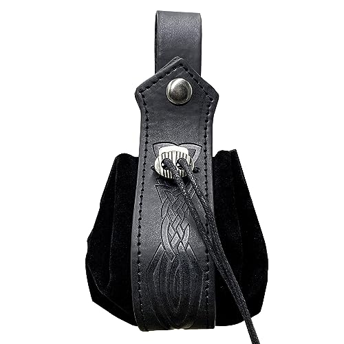 Vintage tragbare Gürteltasche Mittelalter Kordelzug Tasche Cosplay Würfel Leder Münzgeldbörse Hüfttasche Leder Gürteltasche Geldbörse Leicht und für den täglichen Gebrauch, Schwarzes Schwertmuster von Lodoot