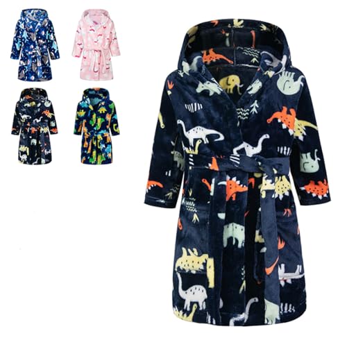 Lodunsyr Bademantel Kinder mit Kapuze für Jungen Mädchen Schwarz Dinosaurier Bademäntel Morgenmantel kuschelig warmen und weichen Pyjamas Kleinkind Coral Fleece Hoodie Roben 2-9 Jahre von Lodunsyr