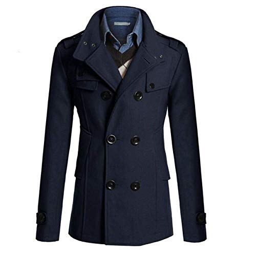 Loeay Herren Casual Windbreaker Long Trench Jacket Herbst Winter Dick Einfarbig Mantel Herren Zweireiher Slim Fit Oberbekleidung Mantel Navy M von Loeay