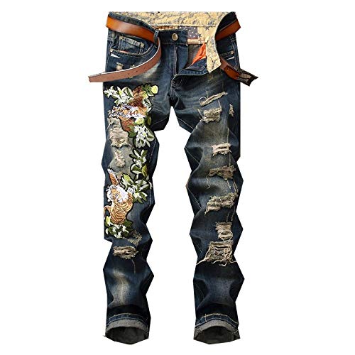 Loeay Hohe qualität Männer Löcher Blue Jeans Stickerei Denim Gerade Jeans Neue Frühling Männer Baumwolle Retro Cowboy Jean Hosen Blau 34 von Loeay