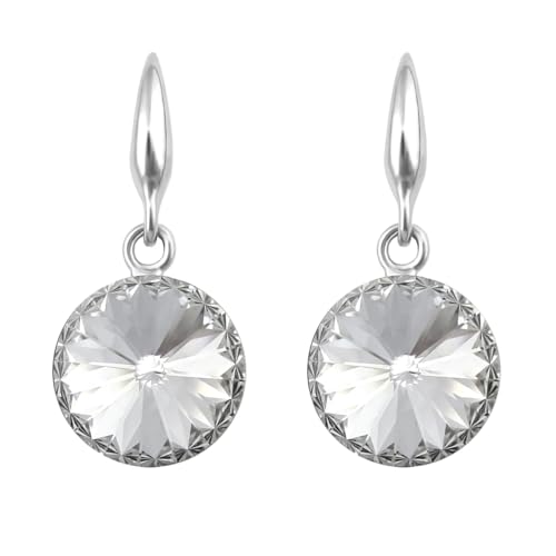 LÖB 750er (18 Karat) Weißgold vergoldet Ohrringe Hängend Kristall Stein Silber Weiß, Damen Ohrhänger Kurz Glitzer Kreis Anhänger Elegant Dezent Modern von Löb