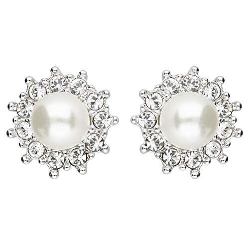 LÖB 750er 18 Karat Weißgold vergoldet Ohrstecker Blumen Perlen Zirkonia Ohrringe Rund Silber Weiß, Damen Perlenohrringe Strass Glitzer Steine Brautschmuck Perlenohrstecker von Löb