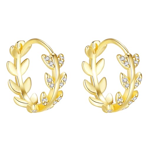 LÖB 925 Silber Creolen Blatt Zirkonia Steine Ohrringe in 585er Gold vergoldet, Damen Silberohrringe Rund Glitzer Elegant Klappcreolen Leicht Klein von Löb