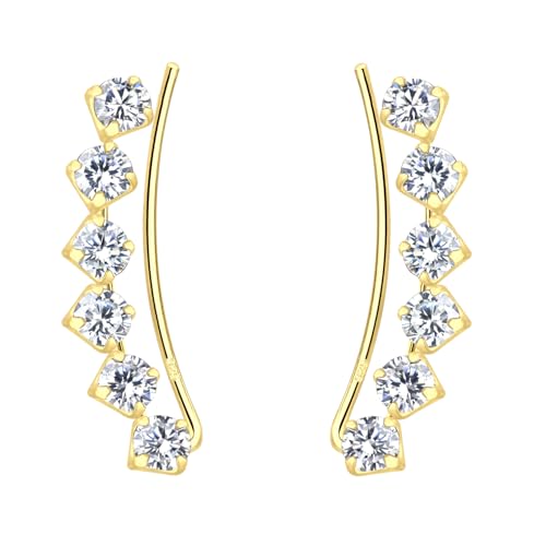 LÖB 925 Silber Ohrklemme Ohrringe Bogen Zirkonia Ohrkletterer Lang 585er Gold vergoldet, Damen Ohrmanschetten Glitzer Strass Ear Climber Modern Ohr Kletterer Stein von Löb