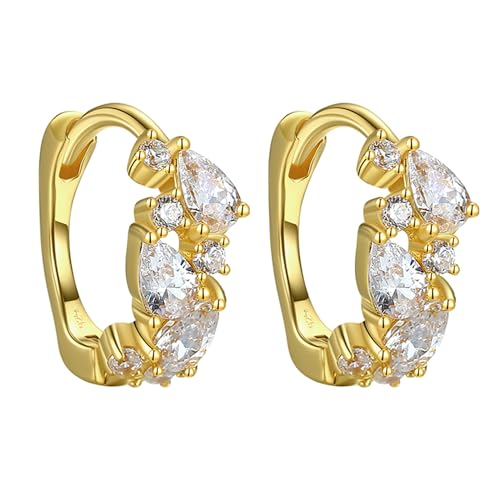 LÖB 925 Silber Ohrringe Creolen Tropfen Zirkonia Steine 585 Gold vergoldet, Damen Tropfenohrringe Silberohrringe Rund Glitzer Strass Tropfenform Elegant von Löb