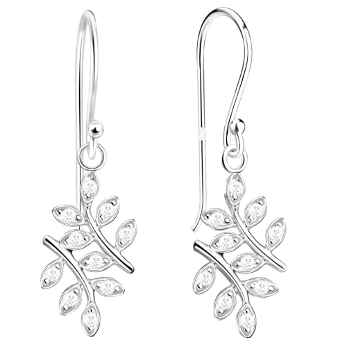 LÖB 925 Silber Ohrringe Hängend Blatt Zirkonia Stein Anhänger Ohrhänger, Damen Hängeohrringe Blattanhänger Steinanhänger Tropfenanhänger Brautschmuck Elegant Schmuck von Löb