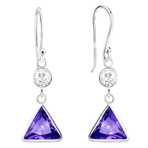 LÖB 925 Silber Ohrringe Hängend Dreieck Zirkonia Stein Anhänger lila weiß, Damen Ohrhänger Glitzer Brautschmuck Tropfenohrringe Solitär Geometrisch Elegant Dezent von Löb