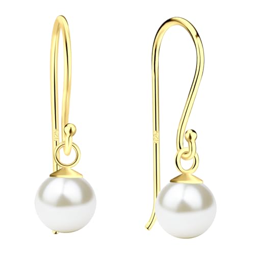 LÖB 925 Silber Ohrringe Hängend Perlen Anhänger 585er Gold vergoldet Rund, Damen Ohrhänger Perlenohrringe Tropfen Tropfenohrringe Bruatschmuck Elegant Dezent Filigran von Löb