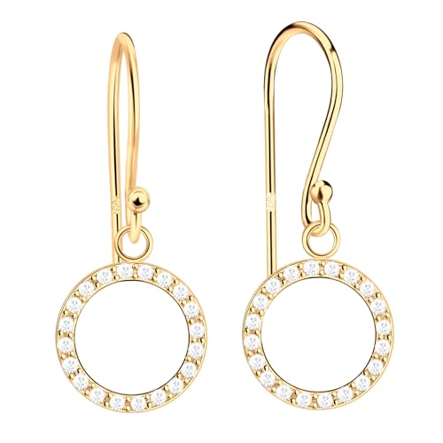 LÖB 925 Silber Ohrringe Hängend Ring Zirkonia Anhänger 585 Gold vergoldet, Damen Ohrhänger Kreis Ringanhänger Glitzer Steine Minimalistisch Modern Lang Geometrisch Schmuck von Löb
