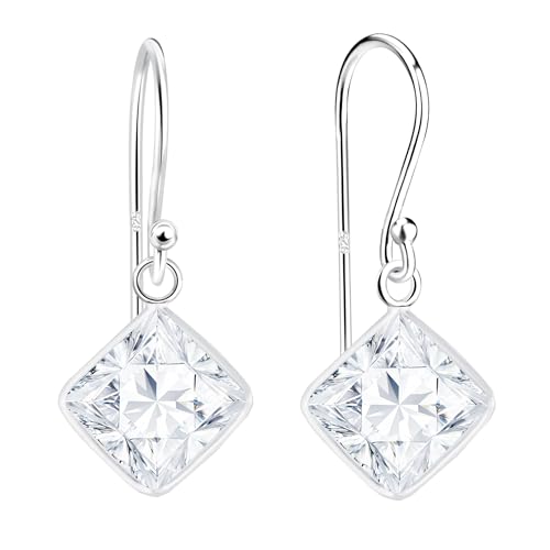 LÖB 925 Silber Ohrringe Hängend Viereck Zirkonia Stein Anhänger, Damen Ohrhänger Eckig Modern Elegant Brautschmuck Hängeohrringe Lang Glitzer Raute Geometrisch von Löb