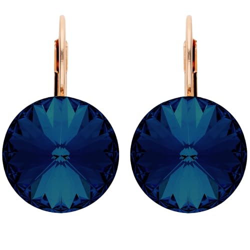 LÖB Brisur 750er Roségold Vergoldet Kristall Rund Saphirblau, Damen Ohrringe Hängend Ohrhänger Hänger Creolen Glitzer Strass Stein Saphir Blau Rose Gold Schmuck von Löb