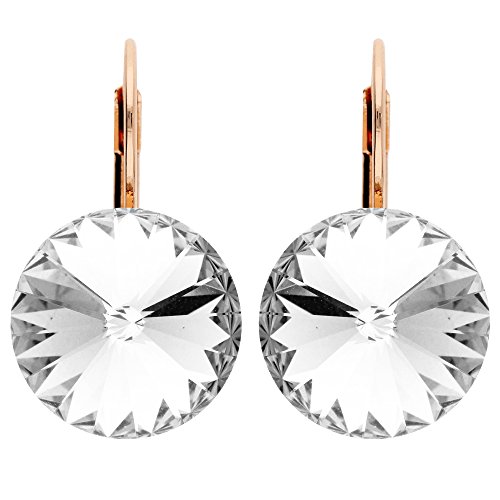 LÖB Brisur 750er Roségold Vergoldet Kristall Rund Weiß, Damen Ohrringe Hängend Ohrhänger Creolen Glitzer Strass Stein Elegant Groß Rose Gold Schmuck von Löb