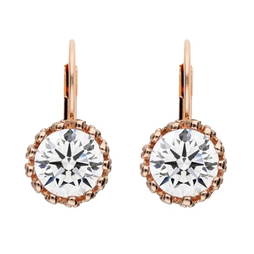 LÖB Brisur 750er Roségold Vergoldet Zirkonia Weiß Rund Krone Anhänger, Damen Creolen Ohrringe Ohrhänger Glitzer Strass Stein Front Back Set Rose Gold Schmuck von Löb