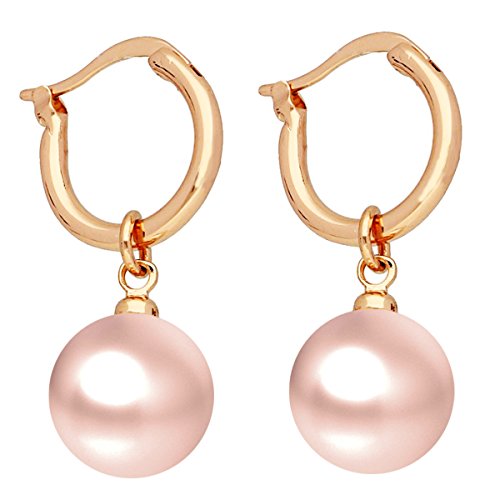 LÖB Damen Creolen Rosegold Vergoldet mit hängenden Rosa Perlen Anhänger Ohrhänger Ohrringe Perlenohrringe Perlenanhänger Rose Gold von Löb