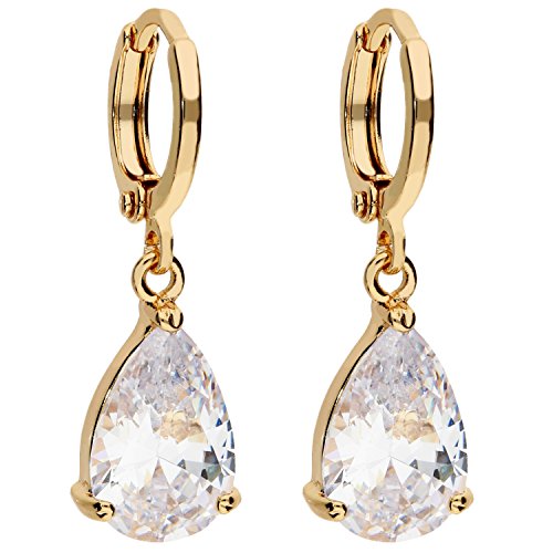 LÖB Damen Goldene Creolen Ohrringe Hängend Ohrhänger mit Zirkonia Stein Tropfen-Anhänger Gold Vergoldet Gelbgold Weiß Tropfenform Tropfenohrringe von Löb