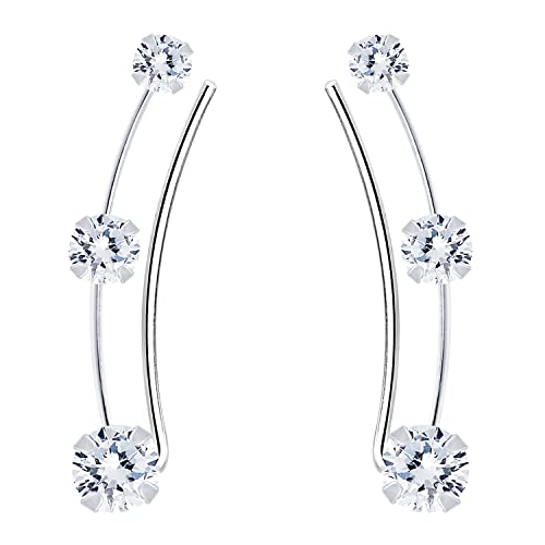 LÖB Damen Ohrklemme 925 Silber Bogen mit Zirkonia Glitzer Strass Steinen Ear Cuff Ohrringe Ohrstecker Ohrmanschette Ohr Kletterer Lang 33mm von Löb