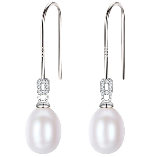 LÖB Damen Ohrringe Hängend 925 Silber Perlenohrringe Tropfen Perlen Anhänger Zuchtperlen Zirkonia Ohrhänger Glitzer Strass Stein Brautschmuck Tropfenform Oval Elegant von Löb