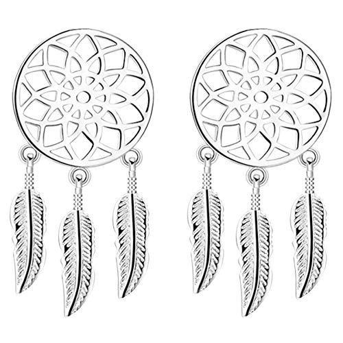 LÖB Damen Ohrstecker 925 Silber rhodiniert mit Traumfänger und Federn Boho Vintage Ohrringe Dreamcatcher Hängend Lang 2,2cm von Löb