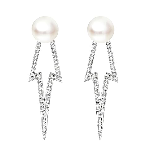 LÖB Damen Perlenohrringe 925 Silber Tropfen Ohrringe Zuchtperlen Zirkonia Ohrstecker Hängend Oval Perlen Perlenohrstecker Weiß Brautschmuck Modern Lang von Löb