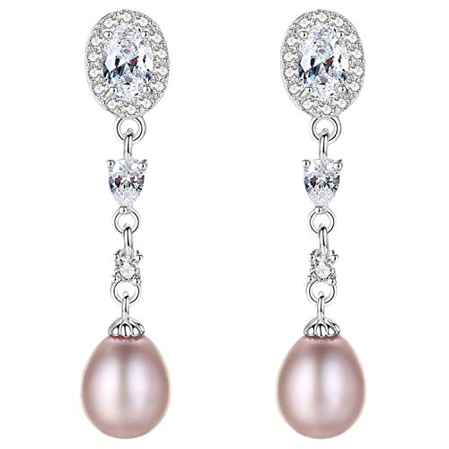 LÖB Damen Perlenohrringe 925 Silber Tropfen Ohrringe mit Zuchtperlen Zirkonia Glitzer Steinen Ohrstecker Hängend mit Oval Tropfenform Perlen Lila von Löb