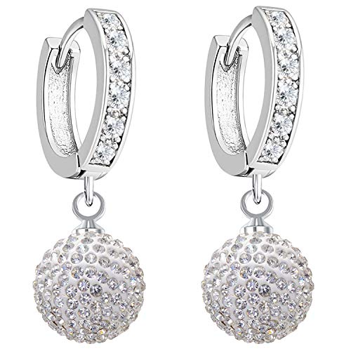LÖB Damen Perlenohrringe Hängend Creolen Ohrringe Ohrhänger 925 Sterling Silber mit Glitzer Perlen Kugel Strass Anhänger Weiß von Löb