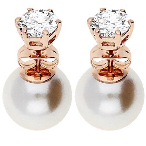 LÖB Ohrstecker Doppel Ohrringe 750er Roségold Vergoldet Zirkonia 6mm Perlen Weiß 10mm, Damen Perlenohrringe Glitzer Stein Front Back Set Rose Gold Schmuck von Löb