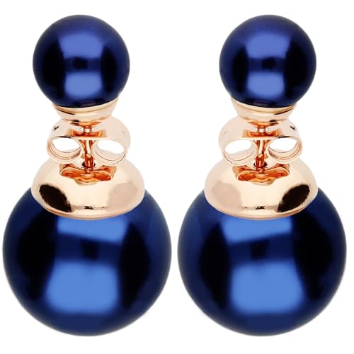 LÖB Ohrstecker Doppel Ohrringe 750er Roségold Vergoldet Zwei Perlen Blau, Damen Perlenohrringe Perlenohrstecker Kugel Front Back Set Rose Gold Schmuck von Löb