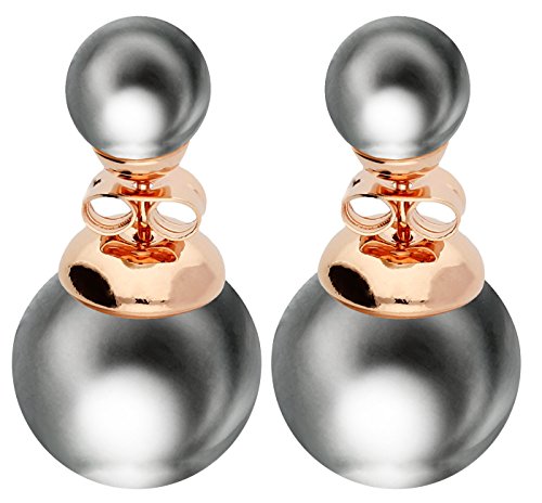 LÖB Ohrstecker Doppel Ohrringe 750er Roségold Vergoldet Zwei Perlen Grau Silber, Damen Perlenohrringe Perlenohrstecker Kugel Kugelohrringe Front Back Rose Gold Schmuck von Löb