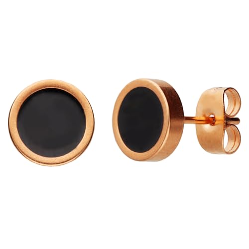 LÖB Ohrstecker Edelstahl 750er Roségold Vergoldet Schwarz Rund 8mm, Damen Ohrringe Kreis Platte Flach Stecker Modern Minimalistisch Geometrisch Rose Gold Schmuck von Löb