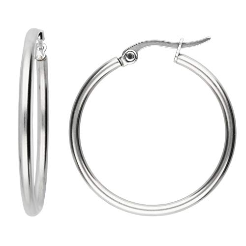 LÖB Unisex Titan Silber Creolen Ohrringe Ohrstecker Poliert Rund Stecker mit Klappbügel 15mm 20mm 30mm 40mm 50mm 60mm Damen Herren Kinder von Löb