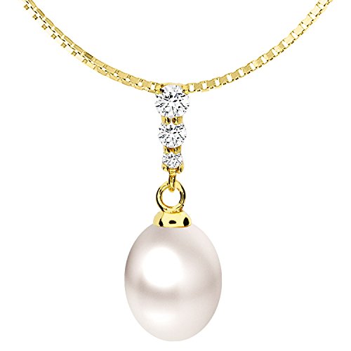 Löb Damen Halskette 925 Silber Zirkonia mit Zuchtperlen Perlen-Anhänger Kette Perlenkette Gold Vergoldet Oval Tropfen Weiß Braut Brautschmuck von Löb