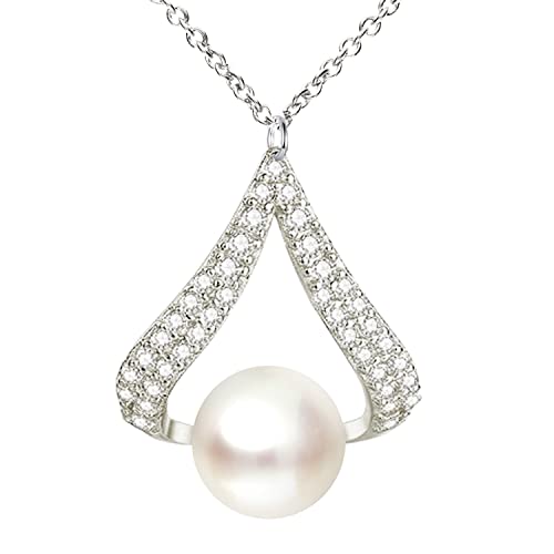 Löb Damen Halskette 925 Silber Zirkonia mit Zuchtperlen Perlen-Anhänger Kette Perlenkette Oval Tropfen Glitzer Steine Weiß Braut Brautschmuck von Löb