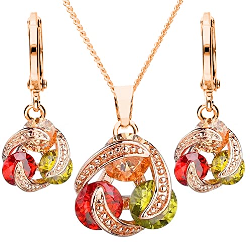 Löb Damen Schmuckset 785er 18KT Roségold Vergoldet Halskette Edelstahl Creolen Set Infinity Ring Zirkonia Stein Bunt Kette Ohrringe Hängend von Löb