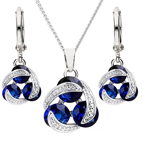 Löb Damen Schmuckset 785er 18KT Weißgold vergoldet Halskette Creolen Set Infinity Ring Zirkonia Stein Saphir Blau Kette Ohrringe Hängend von Löb